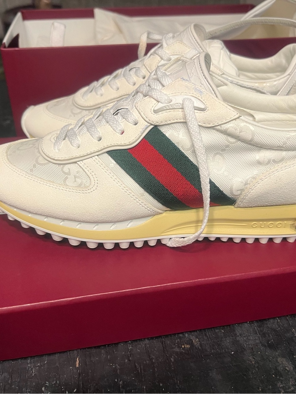 Gucci Cream Runner Sneakers with Green and Red Web Stripe